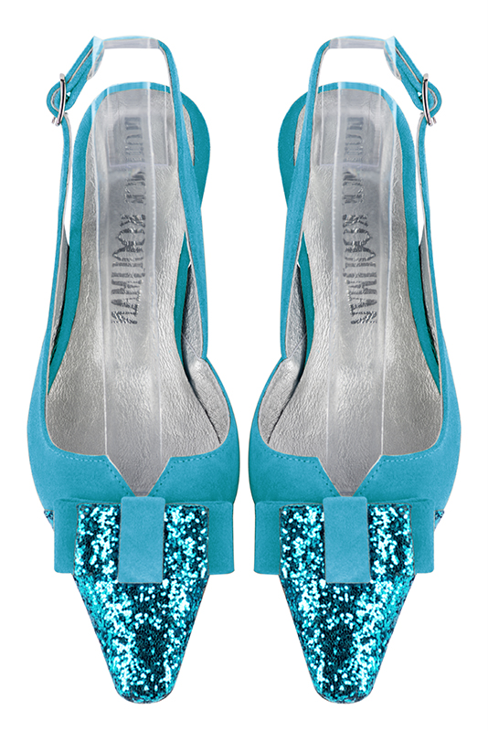 Turquoise blue women's open back shoes, with a knot. Tapered toe. Low spool heels. Top view - Florence KOOIJMAN